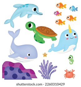 cartoon set underwater cute character. turtle, dolphin, fish, seal, orca wildlife cute creature