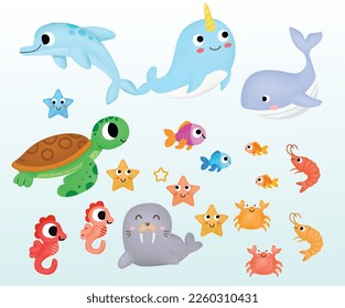 cartoon set underwater cute character. turtle, dolphin, fish, seal, orca wildlife cute creature