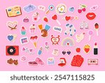 Cartoon set of of Valentines Day and Love with romantic icons and stickers. Collection of cute design objects: heart shapes, sweets, berries. Doodle icons pack for daily planner, scrapbooking, print