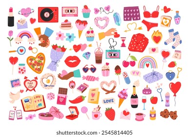 Conjunto de desenhos animados de Valentines Day e Love com ícones românticos e adesivos. Coleção de objetos de design bonitos: corações, doces, presentes, bagas. Belos itens, sinais para cartão, scrapbooking, imprimir