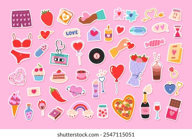 Cartoon set of of Valentines Day and Love with romantic icons and stickers. Collection of cute design objects: hearts, sweets, gifts, berries. Doodle icons pack for daily planner, scrapbooking, print