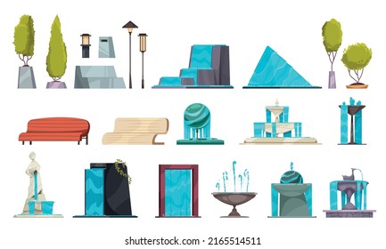 Cartoon set of various fountains and summer city park elements with trees street lights benches isolated vector illustration