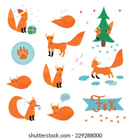Cartoon set with various foxes. Vector illustration. 