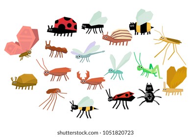 Cartoon set of various funny insects. Mite, mosquito, firebug, ladybug, fly, spider, butterfly, dragonfly, bee, wasp, ant, grasshopper, beetle. Flat vector icons