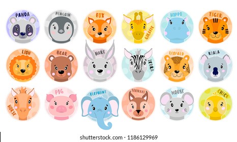 Cartoon set Vector Animals face. Panda,fox,zebra,elephant,lion,pig,bear chick koala tigerhareleopardhorsemousesquirrel giraffe hippopotamus Nursery illustration