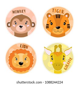 Cartoon set Vector Animals face,four objects. Monkey, lion, tiger giraffe Illustration