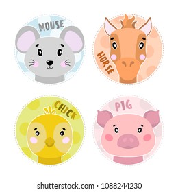 Cartoon set Vector farm Animals face,four objects mouse, pig, horse, chick. Illustration