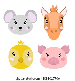 Cartoon set Vector farm Animals face,four objects mouse, pig, horse, chick. Illustration