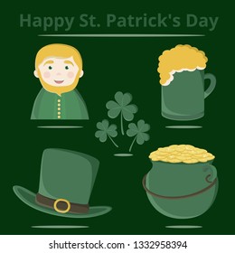 Cartoon set of vector isolated icons for St. Patrick's Day March 17, 2019: man, pot of gold, hat, beer mug, clover