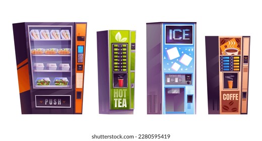 Cartoon set of vending machines isolated on white background. Vector illustration of retail trade equipment selling fresh snacks, salads, sandwiches, tea, coffee, ice water at shopping mall or school