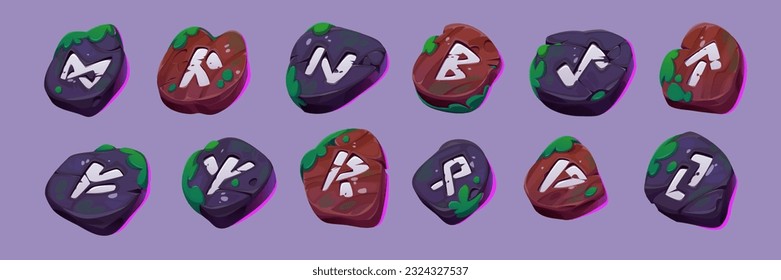 Cartoon set of viking rune letters on ancient stones covered with green moss isolated on background. Vector illustration of old runic alphabet symbols. Witchcraft ritual signs collection. Gui elements