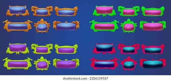 Cartoon set of vintage game buttons isolated on background. Vector illustration of colorful user interface frames decorated with glossy gem stones. Medieval rank sign template. Gui design element