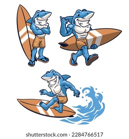 Cartoon set of Vintage Shark Surfing