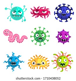 Cartoon set of virus, bacteria, microbe and parasite infection. Funny illness emoticon characters vector illustration isolated on white background.