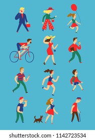 Cartoon set of walking people. Including various lifestyles and ages like businessman, man, woman, children, seniors. Characters illustrations for your design.