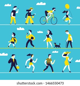 Cartoon set of walking people. Including various lifestyles and ages like businessman, man, woman, children, seniors. Colors easy to edit. Characters illustrations for your design.