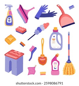 Cartoon set with washing tools for cleansing home in trendy vivid colors. Hand drawn bucket, dustpan, rubber gloves, window scraper, pipidaster. Funny chores devices clipart isolated on background.