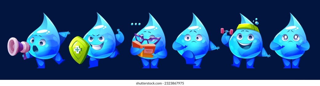 Cartoon set of water drop mascots with different emotions. Vector illustration of cute aqua droplets speaking in megaphone, protecting with shield, reading book, scared, exercising with dumbbell, sad