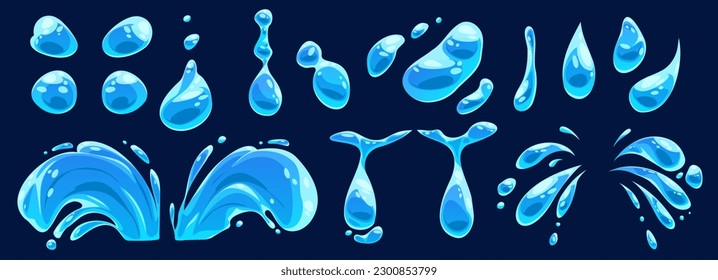 Cartoon set of water drops and splashes isolated on black background. Vector illustration of blue rain droplets, tears, shower spray, dew blobs, symbol of moisture, wet surface design elements