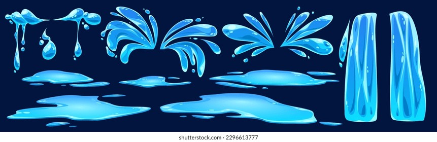 Cartoon set of water splash, puddle, drops, waterfall, river flow isolated on dark blue background. Vector illustration of liquid spray droplets, rain, tears, aqua explosion, spill on wet surface