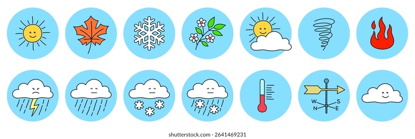 Cartoon set of weather and four seasons icons. Smiling Sun, clouds and wind vane symbols. Vector illustration