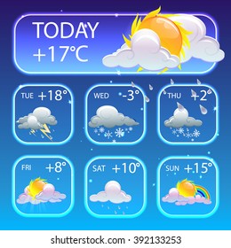 Cartoon set of weather icons. Vector illustration of weather conditions.