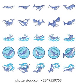 Cartoon set of whales. Beluga, killer whale, humpback whale, cachalot, blue whale, dolphin, bowhead, southern right whale, sperm hale. Underwater world, Marine life. Vector illustration of a whales