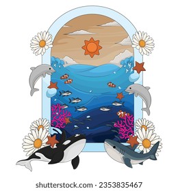 Cartoon set of whales. Beluga, killer whale, humpback whale, cachalot, blue whale, dolphin, bowhead, southern right whale, sperm hale. Underwater world, Marine life. Vector illustration of a whales