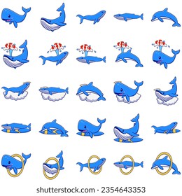 Cartoon set of whales. Beluga, killer whale, humpback whale, cachalot, blue whale, dolphin, bowhead, southern right whale, sperm hale. Underwater world, Marine life. Vector illustration of a whales