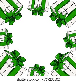 Cartoon set of White Gift Boxes with Green Ribbons in a circle on white background. Vector ilustration. Christmas, new year, birthday. gift, postcard