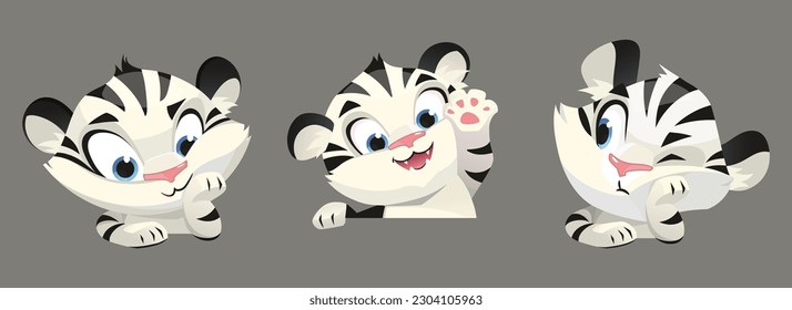 Cartoon set of white tiger cubs isolated on background. Vector illustration of cute baby animal character smiling, waving hello with paw, unhappy. Funny mascot for zoo or school design. Year symbol