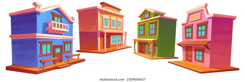 Cartoon set of wild west city buildings isolated on white background. Vector illustration of old wooden house, saloon, hotel, sheriff office, bar, shop with colorful facades. Vintage architecture