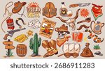 Cartoon set of wild west-themed objects and symbols, cowboy hat, cactus, horseshoe, money bag, and wagon. Adventurous spirit fun, American old west stickers, cartoon vector illustration