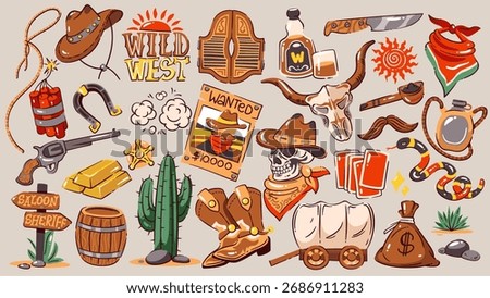 Cartoon set of wild west-themed objects and symbols, cowboy hat, cactus, horseshoe, money bag, and wagon. Adventurous spirit fun, American old west stickers, cartoon vector illustration