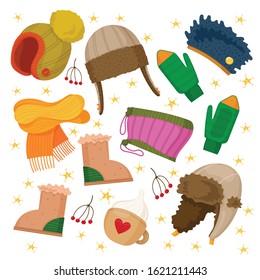 Cartoon set of winter accessories for boys and girls in cold weather. Stylish hats and scarves.  Isolated cute vector illustration.