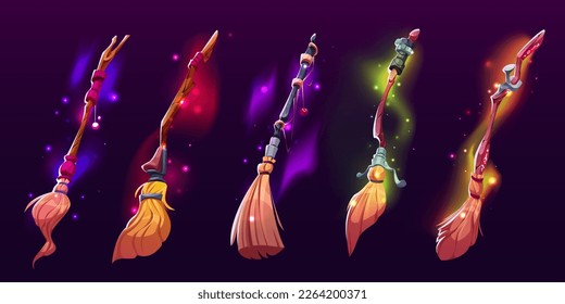 Cartoon set of witch broomsticks isolated on dark background. Vector illustration of magic flight transport with wooden handle glowing with neon colors, sparkles. Witchcraft accessory. Halloween item