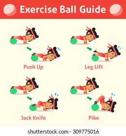 Cartoon set of woman doing exercise ball step for health and fitness