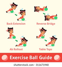 Cartoon set of woman doing exercise ball step for health