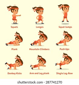 Cartoon set of a woman doing exercises for health and fitness