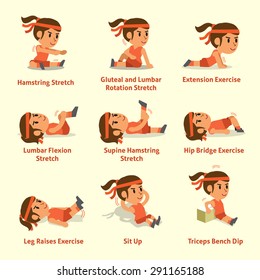 Cartoon set of a woman doing warm-up and exercises