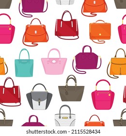Cartoon set of women bag vector icon isolated on white background seamless pattern. Ladies handbag in flat style. Elegant ladies leather bag, female accessories object, fashion trendy case with handle