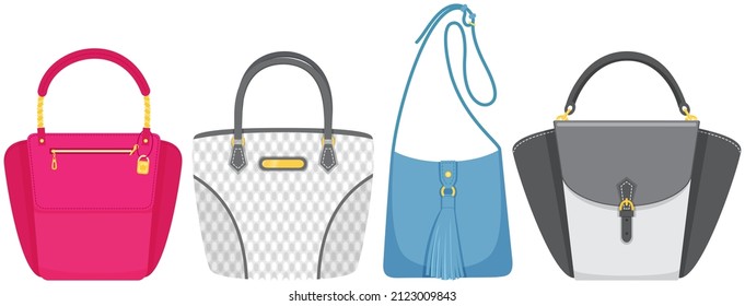 Cartoon set of women bag vector icon isolated on white background, stylish handbag. Ladies handbag in flat style. Elegant ladies leather bag, female accessories object, fashion trendy case with handle