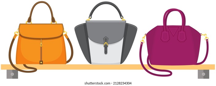 Cartoon set of women bag vector icon isolated on white background, stylish handbag. Ladies handbag on shelf in store. Elegant ladies leather bag, female accessories, fashion trendy case with handle