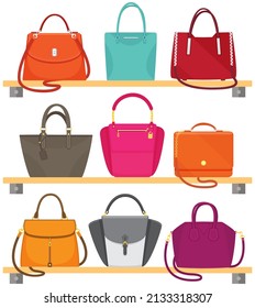 Juego de dibujos animados de mujeres icono vector bolsa aislado en fondo blanco, elegante bolso. Bolso de mano de las damas en la repisa de la tienda. Bolsa de cuero elegante para mujeres, accesorios femeninos, estuche de moda con mango