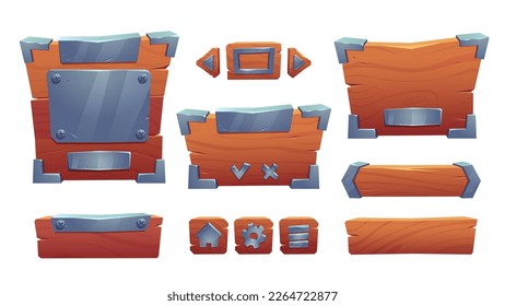 Cartoon set of wood and iron game ui boards. Vector illustration of wooden frames with menu, settings, home, play, checkmark, cross icons, metal corners. Blank old nameplates isolated on background