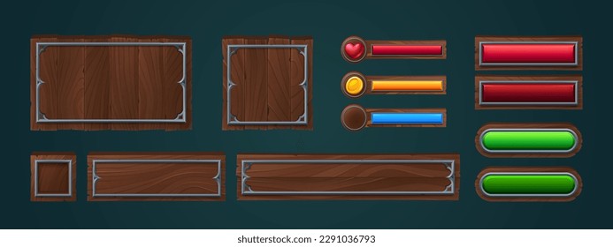 Cartoon set of wooden frames and buttons for game ui design. Vector illustration of old square and rectangular boards with iron border, progress bars with heart and coin icons isolated on background