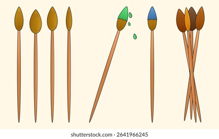 Cartoon set of cartoon wooden paintbrushes with natural bristles, including clean and colored tips on light background. For back to school stationery concept, education visual, educational theme.