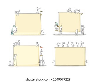 Cartoon set - working little people with big blank boards. Doodle cute miniature scene with space for text. Hand drawn vector illustration for business design and infographic.