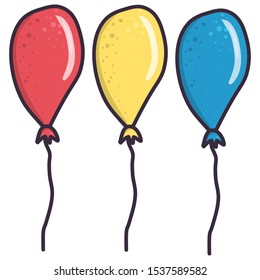 Cartoon set with yellow, red and blue balloon on white background. Anniversary, birthday. Vector collection of festive, holiday illustration.