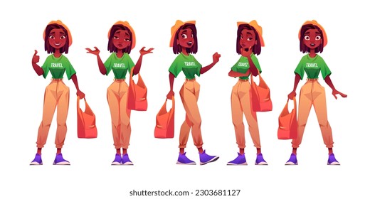 Viñeta de una joven viajera aislada de fondo blanco. Imagen vectorial de una mujer afroamericana vestida de forma casual mostrando pulgares hacia arriba, sonriente, emocionada, sorprendida, desconcertada, pensativa